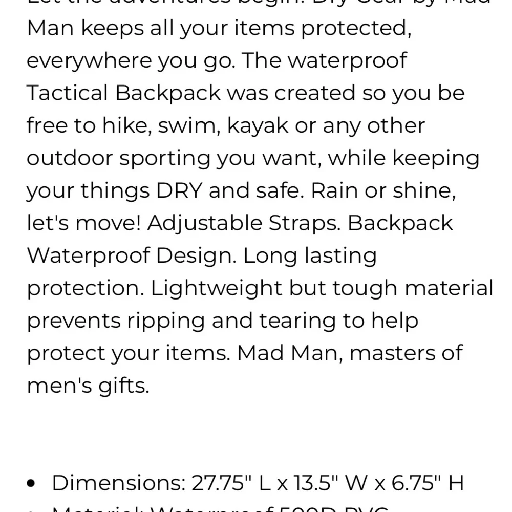 Mad Men Drygear‎ Dry Bag Tactical Backpack Waterproof PVC Blue Outdoors NWT